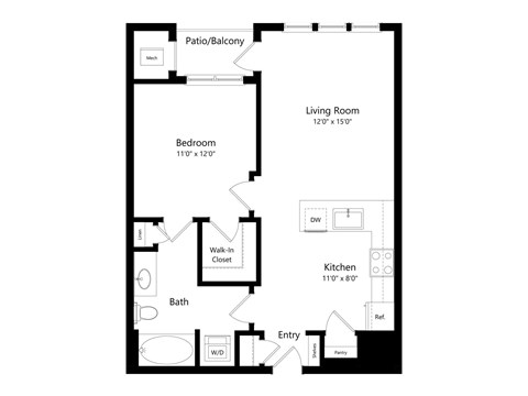 A floor plan of a small apartment with a living room, kitchen, bathroom and bedroom.